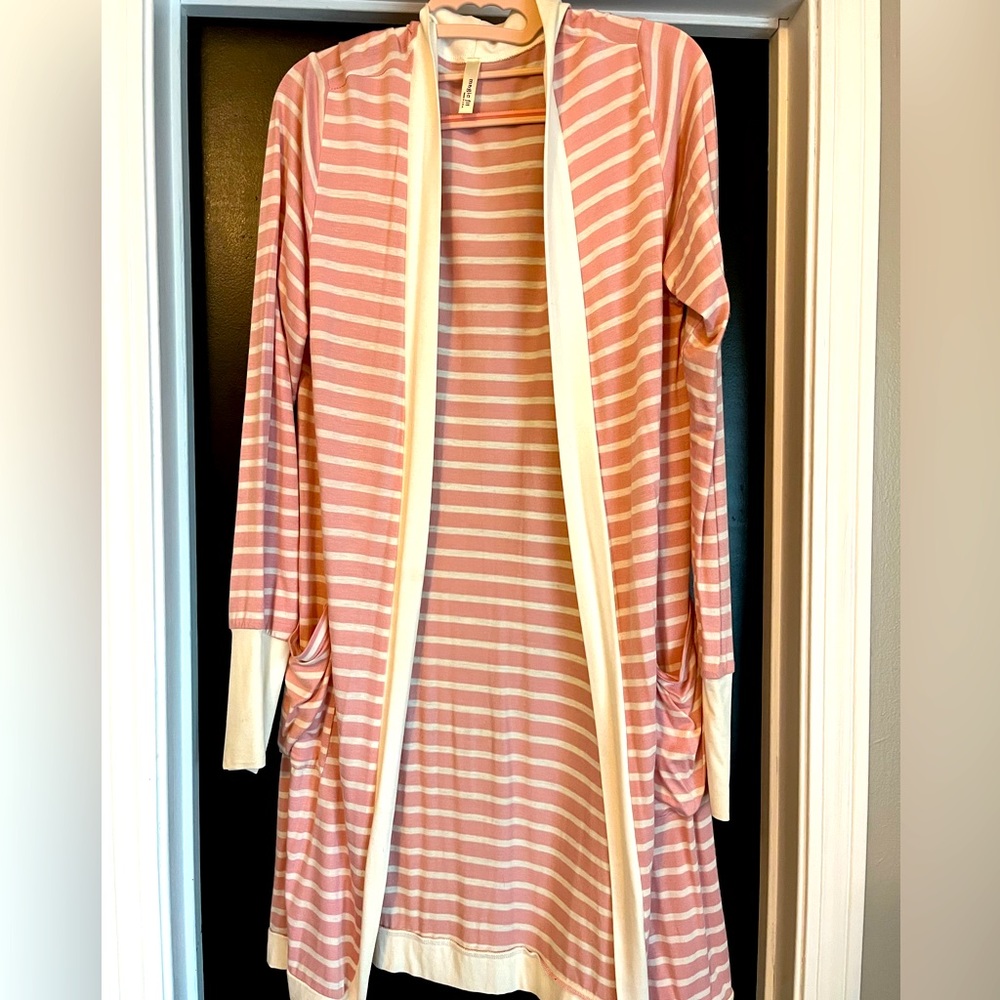 Pink/White Stripe Knee Length Cardigan